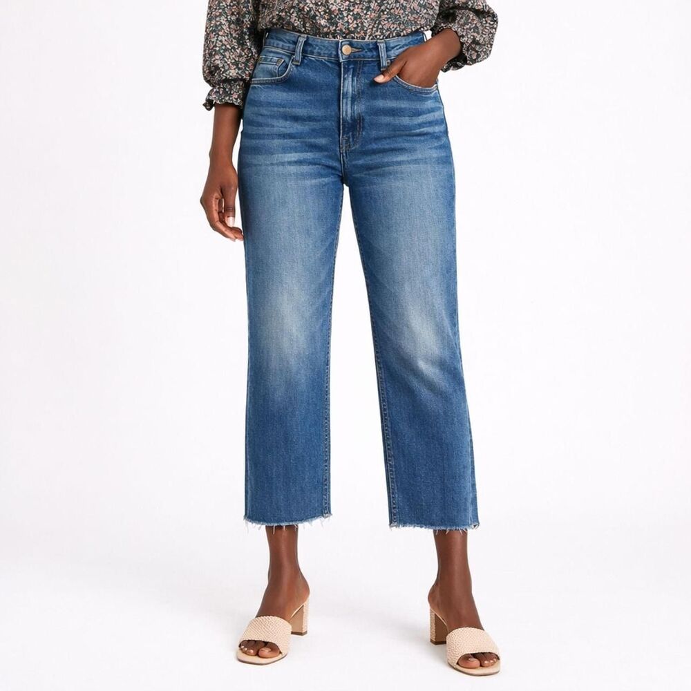 Doen Dronme High Rise Jeans Women's 32 Blue Cropped Raw Hem Organic Vintage Styl